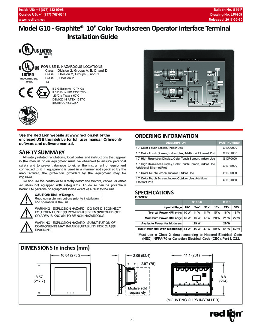 First Page Image of G10C1000 Installation Guide Red Lion Graphite HMI.pdf